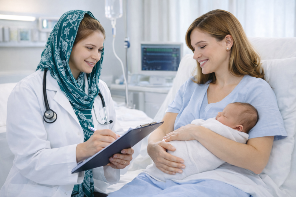 Doctor checking newborn baby and mother after childbirth in maternity ward