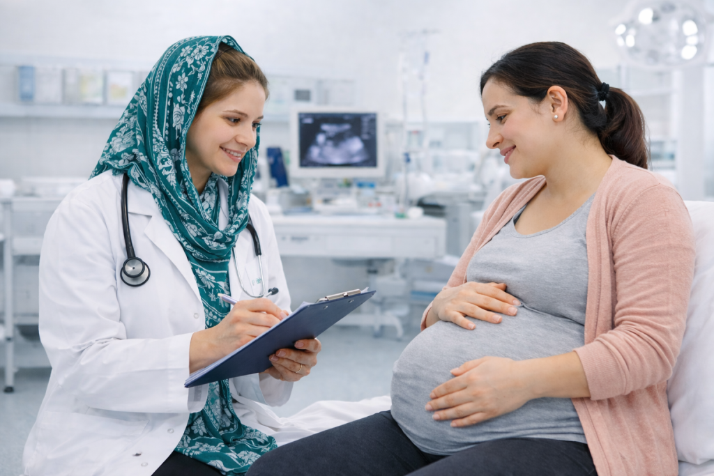 Gynecologist providing maternity consultation and pregnancy guidance to expecting mother