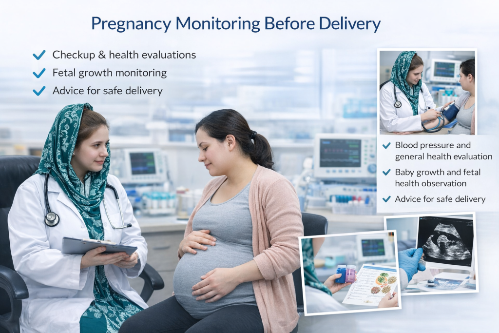 Gynecologist performing antenatal checkup and pregnancy monitoring for expecting mother in medical clinic